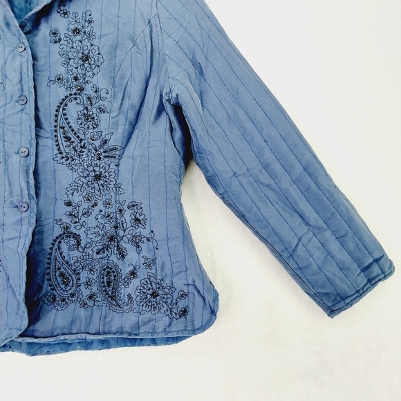 Carole Little Blue Quilted Black Floral Embroidery Silk Button Blazer Jacket Z69 - Picture 3 of 6